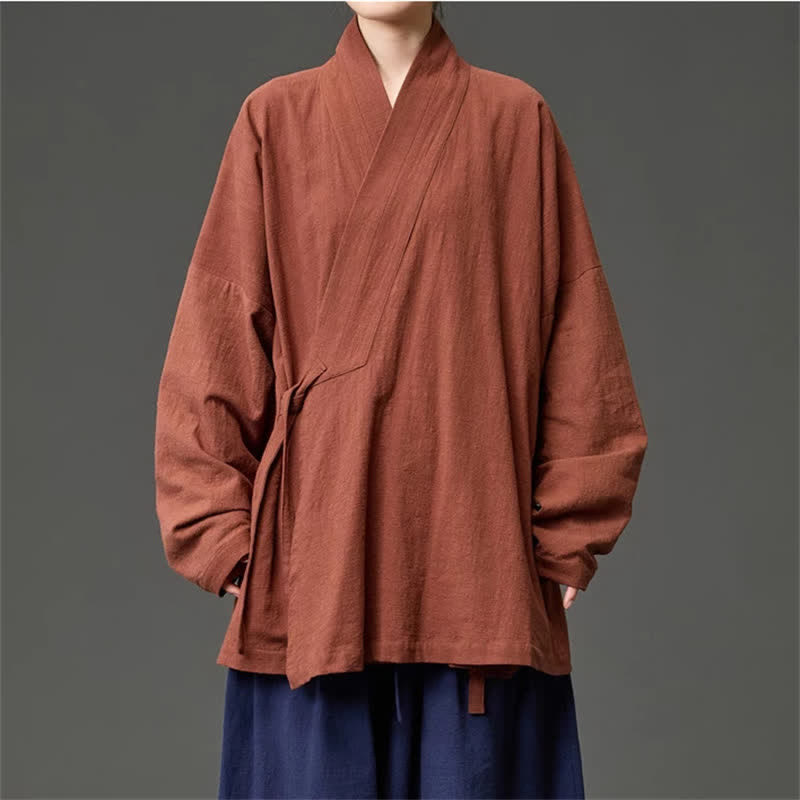Buddha Stones Jesienno-zimowe kimono męskie w minimalistycznym stylu Tang ze ściągaczem i kieszeniami, wykonane z solidnej bawełny - Sjena - US/UK/AU46， EU56 (5XL) - image 0