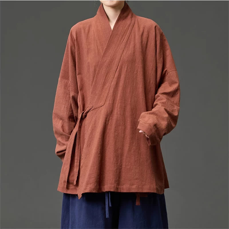 Buddha Stones Jesienno-zimowe kimono męskie w minimalistycznym stylu Tang ze ściągaczem i kieszeniami, wykonane z solidnej bawełny - image 1