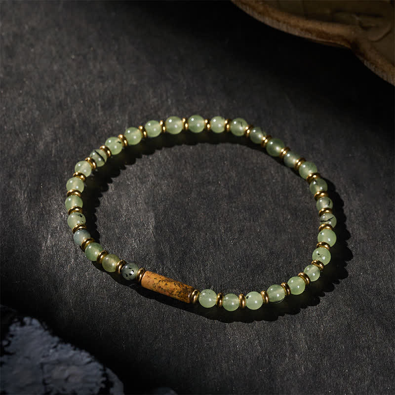 Buddha Stones Bransoletka z okrągłych koralików z zielonego agatu winogronowego i jaspisu obrazkowego - image 1