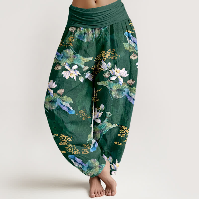 Buddha Stones Spodnie damskie typu harem z elastycznej talii, z nadrukiem liści lotosu w kolorze białym - ForestGreen - US16, UK/AU20, EU48 (3XL) - image 0
