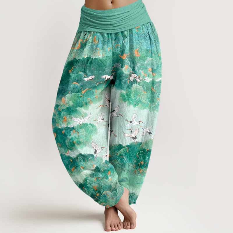 Buddha Stones Spodnie damskie typu harem z bawełny z wzorem chmurki i elastycznym pasem - Akwamaryn - US16, UK/AU20, EU48 (3XL) - image 5