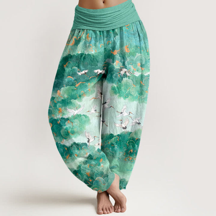 Buddha Stones Spodnie damskie typu harem z bawełny z wzorem chmurki i elastycznym pasem - Akwamaryn - US16, UK/AU20, EU48 (3XL) - image 5