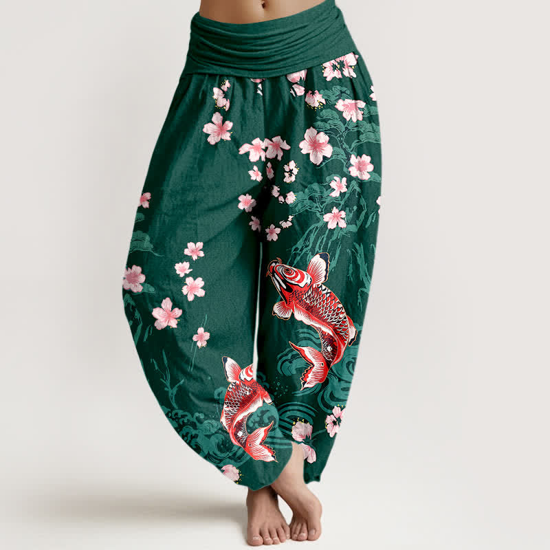 Buddha Stones Spodnie damskie haremowe z bawełny z wzorem Koi Sakura i elastyczną talią - Ciemnozielony - US16, UK/AU20, EU48 (3XL) - image 0