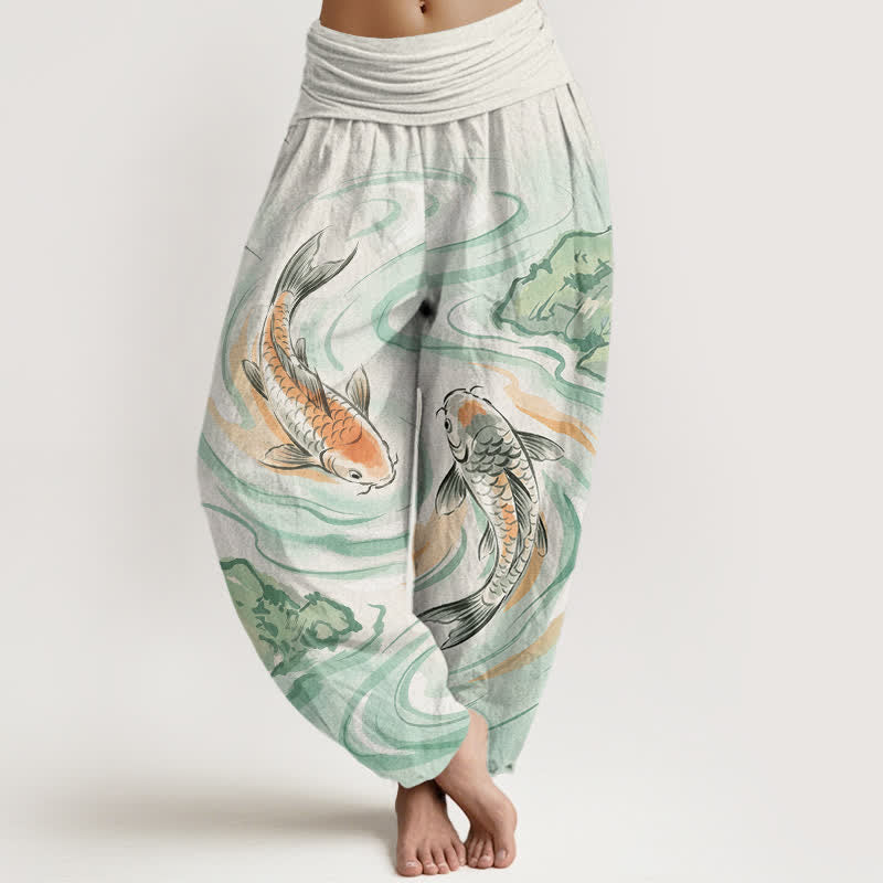 Buddha Stones Spodnie damskie typu harem z elastycznej talii z motywem ryby Koi i fal - Miodowa spadź - US16, UK/AU20, EU48 (3XL) - image 0