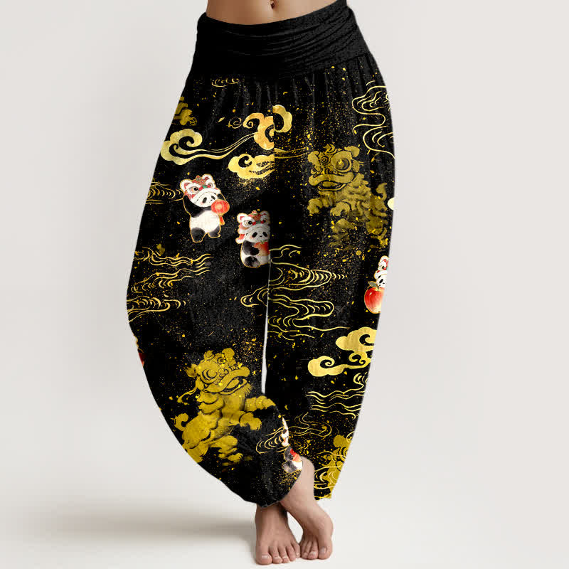 Buddha Stones Bawełniane spodnie haremki damskie z elastyczną talią i wzorem „Auspicious Beast Cloud” - Czarny - US16, UK/AU20, EU48 (3XL) - image 0