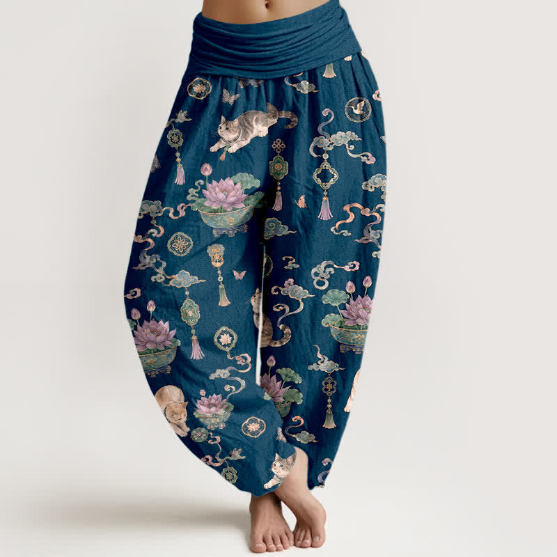 Buddha Stones Spodnie damskie typu harem z bawełny z frędzlami w kształcie lotosu i elastyczną talią - Marynarka wojenna - US16, UK/AU20, EU48 (3XL) - image 0