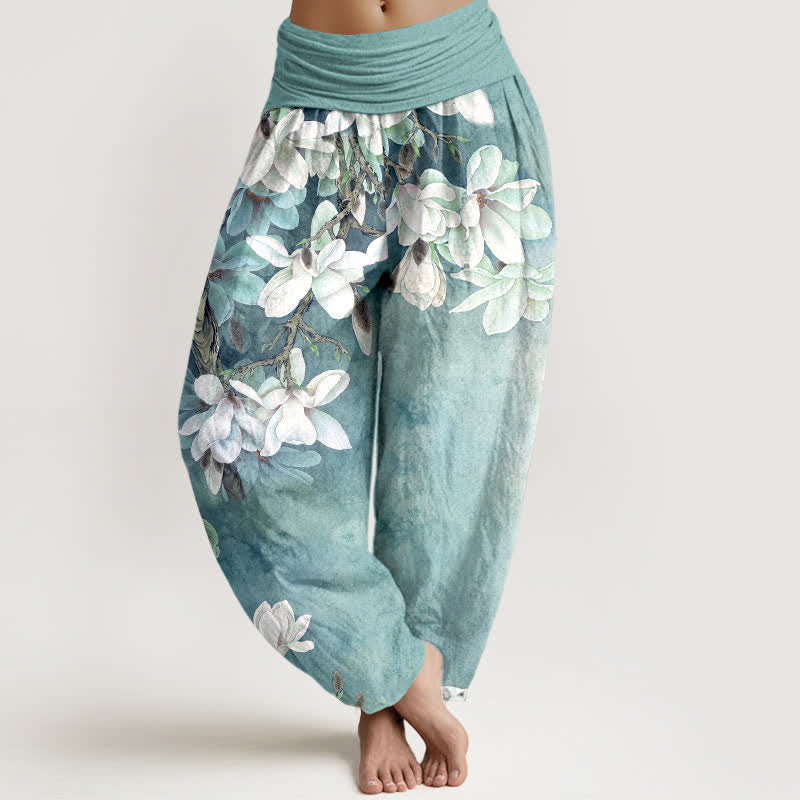 Buddha Stones Spodnie damskie haremowe z bawełny w białe wzory z magnolią i elastyczną talią - Turkus - US16, UK/AU20, EU48 (3XL) - image 0