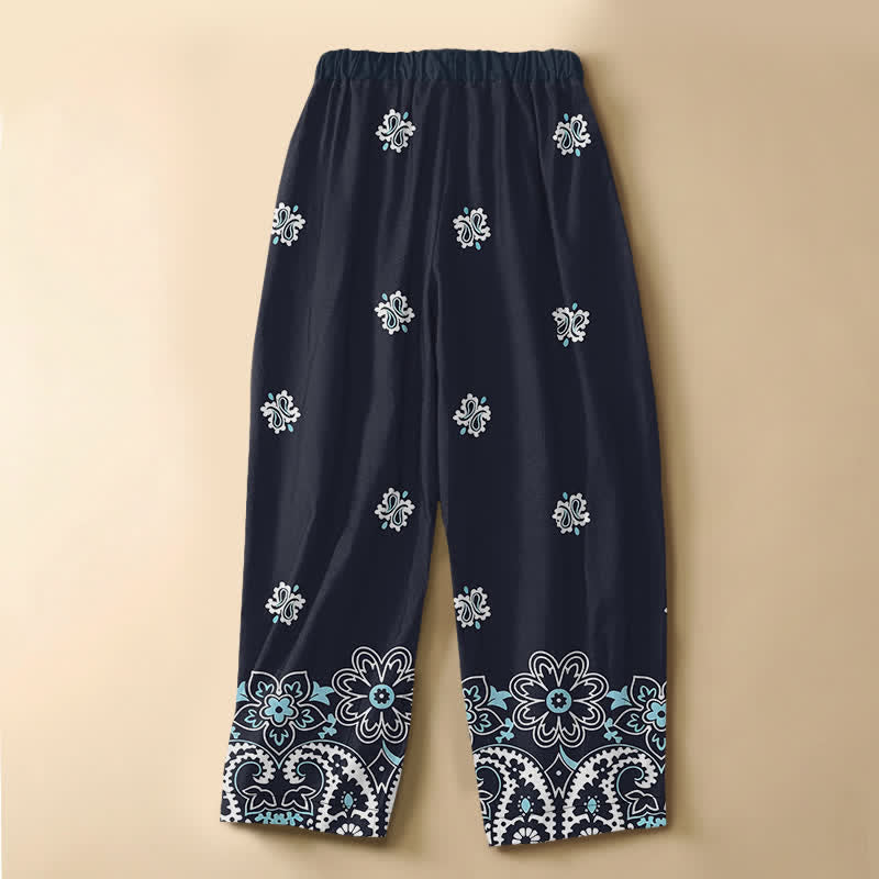 Buddha Stones Spodnie damskie haremowe z elastycznej talii i kieszeniami, z czystej bawełny, w kwiaty w stylu boho, z guzikami w kształcie żaby i wzorem paisley - image 1