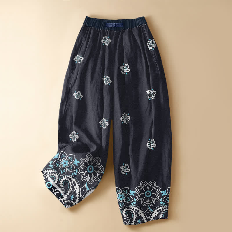 Buddha Stones Spodnie damskie haremowe z elastycznej talii i kieszeniami, z czystej bawełny, w kwiaty w stylu boho, z guzikami w kształcie żaby i wzorem paisley - MidnightBlue - US16, UK/AU20, EU48 (3XL) - image 0
