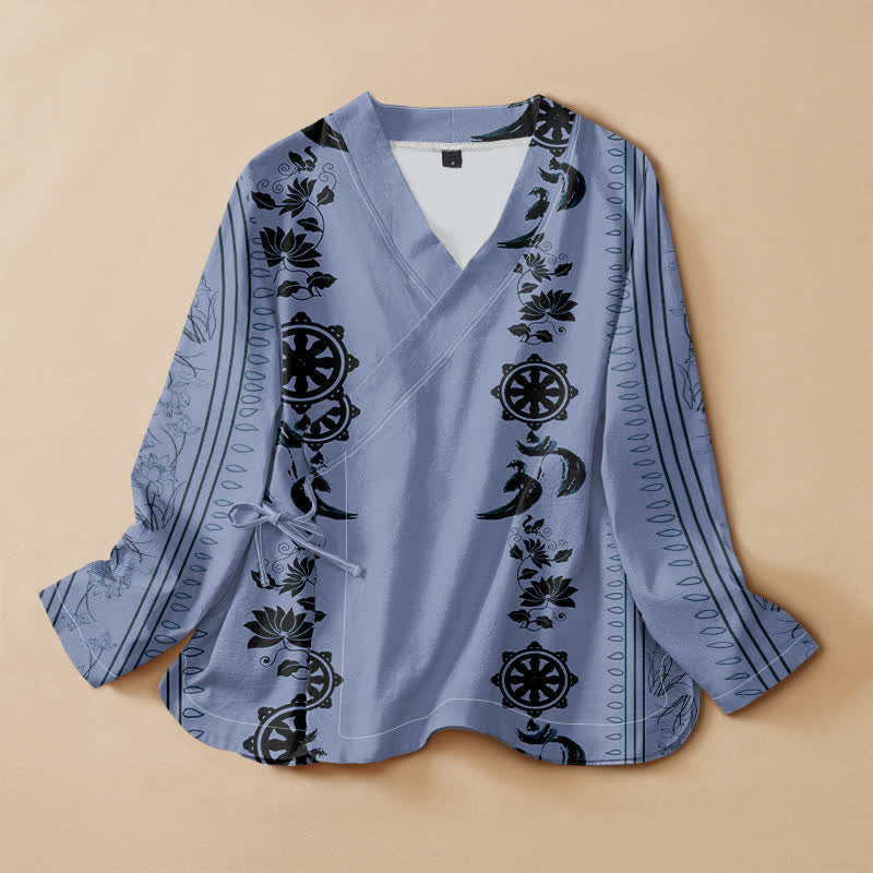 Buddha Stones Bawełniana koszula damska z długim rękawem, dekoltem w serek, sznurowaniem i wzorem boho w kwiaty, kimono - LightSkyBlue - US16, UK/AU20, EU48 (3XL) - image 0