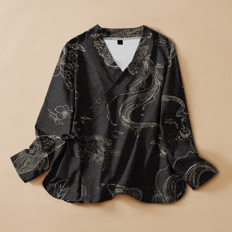 Buddha Stones Bawełniana koszula damska z długim rękawem i dekoltem w serek, z kwiatowym wzorem koi, sznurowana, kimono - Czarny - US16, UK/AU20, EU48 (3XL) - image 0