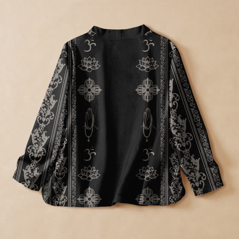 Buddha Stones Bawełniana koszula damska z długim rękawem, nadrukiem Lotus Om, w stylu Hanfu, z dekoltem w serek i sznurowaniem, w stylu kimono - image 1