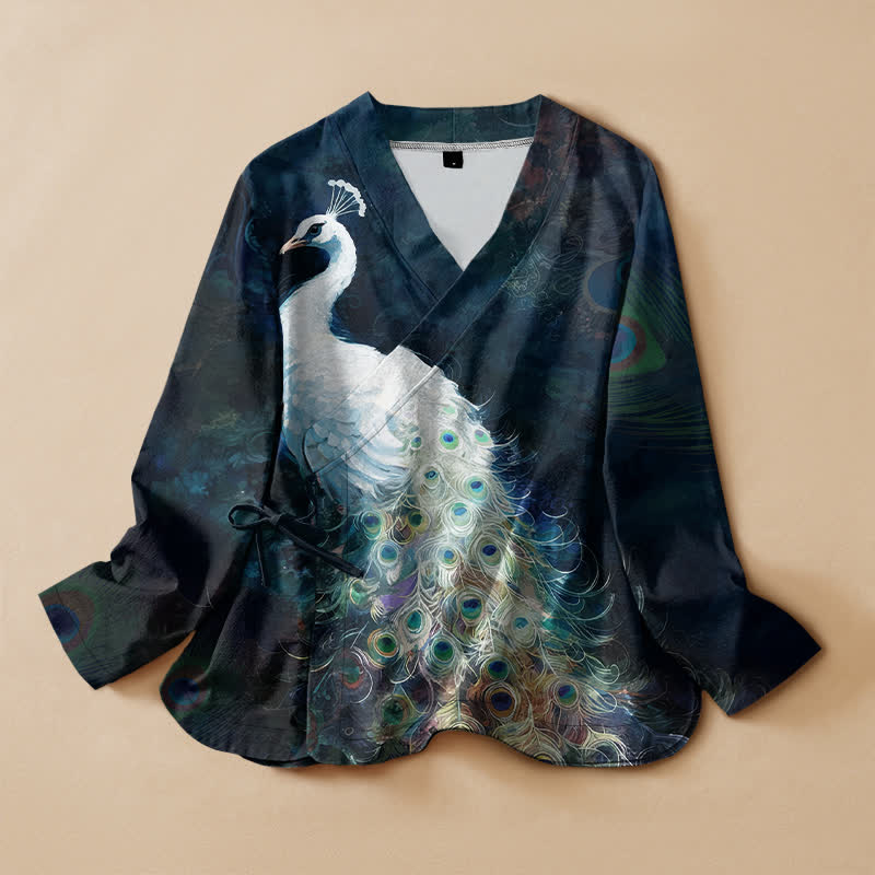 Buddha Stones Bawełniana koszula damska z długim rękawem, dekoltem w serek, sznurowana, z wzorem pawiego pióra, kimono - MidnightBlue - US16, UK/AU20, EU48 (3XL) - image 0