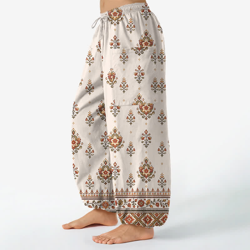 Buddha Stones Spodnie damskie typu harem z elastycznej talii i kieszeniami bocznymi, bawełniane, w stylu boho, z etnicznym kwiatowym wzorem - image 1