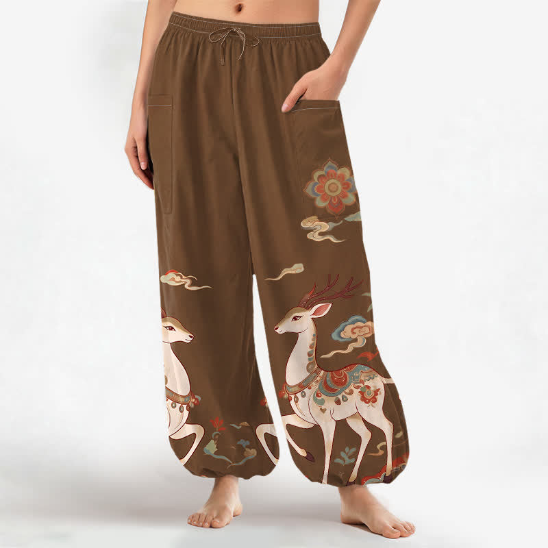 Buddha Stones Spodnie damskie haremowe z bawełny w stylu boho z motywem chmur jeleni i elastyczną talią oraz kieszeniami bocznymi - Sjena - US16, UK/AU20, EU48 (3XL) - image 0