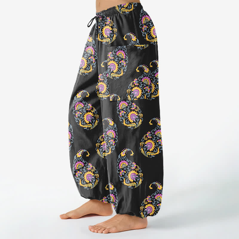 Buddha Stones Spodnie damskie haremowe z elastycznej talii w stylu boho z perskim wzorem paisley i kieszeniami bocznymi - image 1