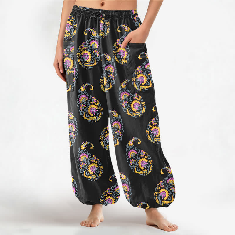 Buddha Stones Spodnie damskie haremowe z elastycznej talii w stylu boho z perskim wzorem paisley i kieszeniami bocznymi - Czarny - US16, UK/AU20, EU48 (3XL) - image 0