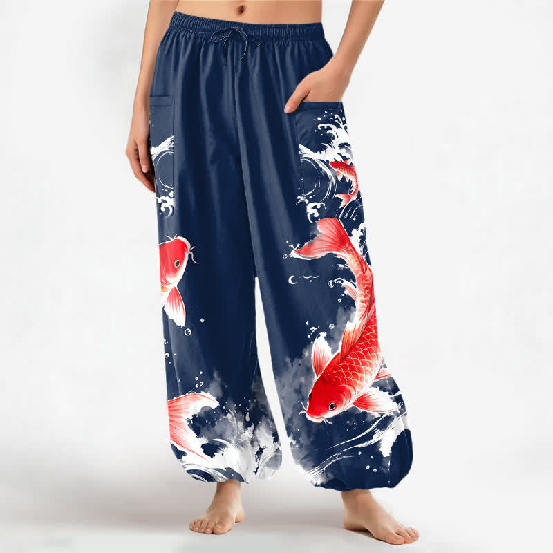 Buddha Stones Spodnie damskie typu harem z bawełny z motywem ryby koi i elastyczną talią i kieszeniami bocznymi - Marynarka wojenna - US16, UK/AU20, EU48 (3XL) - image 0