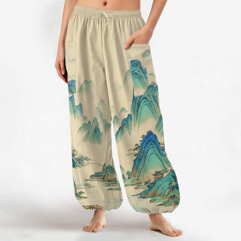 Buddha Stones Spodnie damskie typu harem z bawełny artystycznej Peaks Waters Pattern z elastyczną talią i kieszeniami bocznymi - Blada nawłoć - US16, UK/AU20, EU48 (3XL) - image 0
