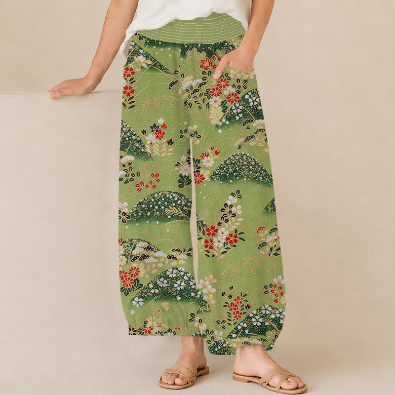Buddha Stones Spodnie damskie typu harem z plisami i elastyczną talią Cotton Hill Blossom Pattern z kieszeniami - Żółtozielony - US16, UK/AU20, EU48 (3XL) - image 0
