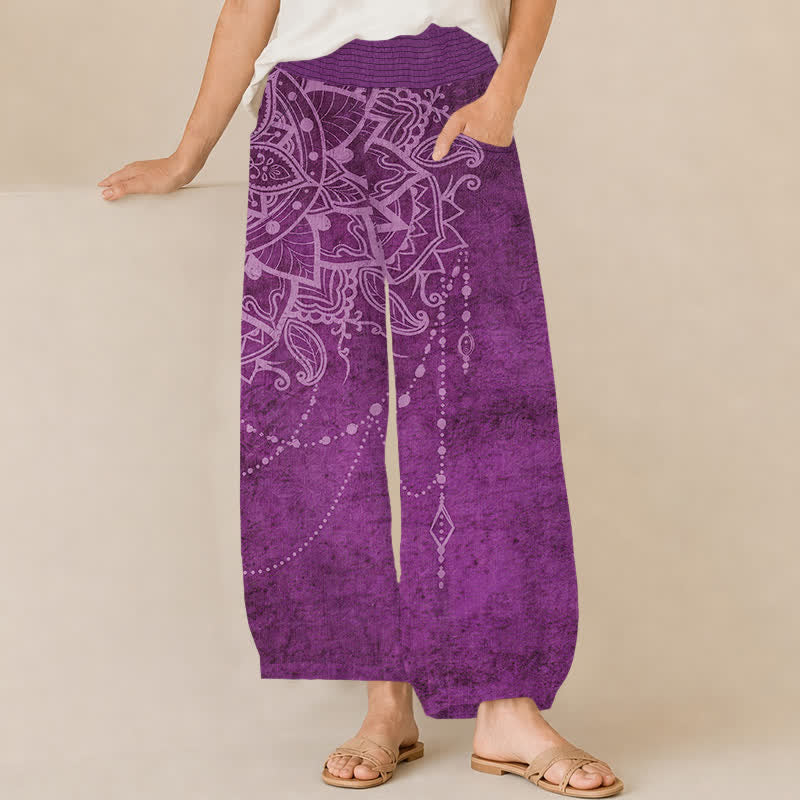 Buddha Stones Bawełniane spodnie haremki damskie w stylu boho z motywem mandali i koralikami, plisowane, z elastyczną talią i kieszeniami - Fioletowy - US16, UK/AU20, EU48 (3XL) - image 0