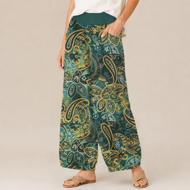Buddha Stones Spodnie damskie haremowe z plisowaną elastyczną talią i kieszeniami, w stylu vintage, z kwiatowym wzorem paisley - image 1