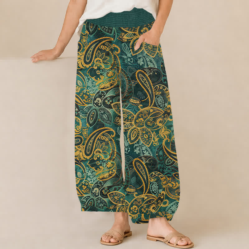 Buddha Stones Spodnie damskie haremowe z plisowaną elastyczną talią i kieszeniami, w stylu vintage, z kwiatowym wzorem paisley - Cyraneczka - US16, UK/AU20, EU48 (3XL) - image 0