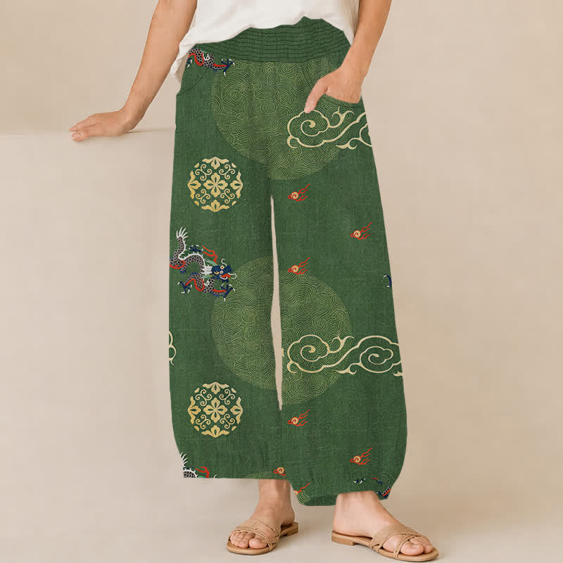 Buddha Stones Bawełniane spodnie haremki damskie z plisowaną elastyczną talią i kieszeniami w stylu vintage z motywem totemu smoka - ForestGreen - US16, UK/AU20, EU48 (3XL) - image 0
