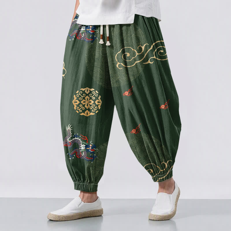 Buddha Stones Spodnie haremowe męskie z czystej bawełny, ze ściągaczem i kieszeniami, w złotym, chmurkowym wzorem smoka - ForestGreen - US/UK/AU50, EU60 (5XL) - image 0