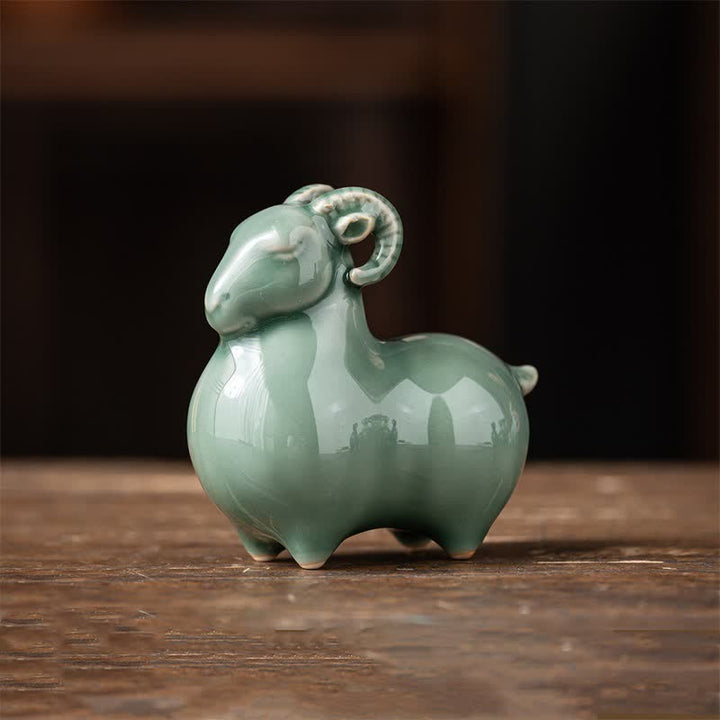 Buddha Stones Ceramiczna koza przynosi dobrobyt, słodka dekoracja zwierzęca - Zielony - mała owca ok. 8,2 cm * 4,8 cm * 8,3 cm - image 13