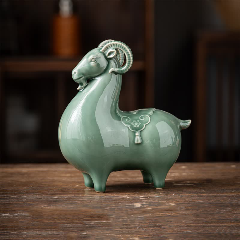 Buddha Stones Ceramiczna koza przynosi dobrobyt, słodka dekoracja zwierzęca - Zielony - Duża owca ok. 18,5 cm * 9,2 cm * 20 cm - image 17