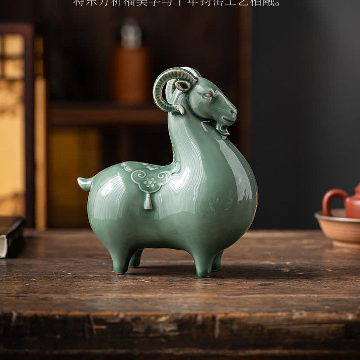 Buddha Stones Ceramiczna koza przynosi dobrobyt, słodka dekoracja zwierzęca - image 18