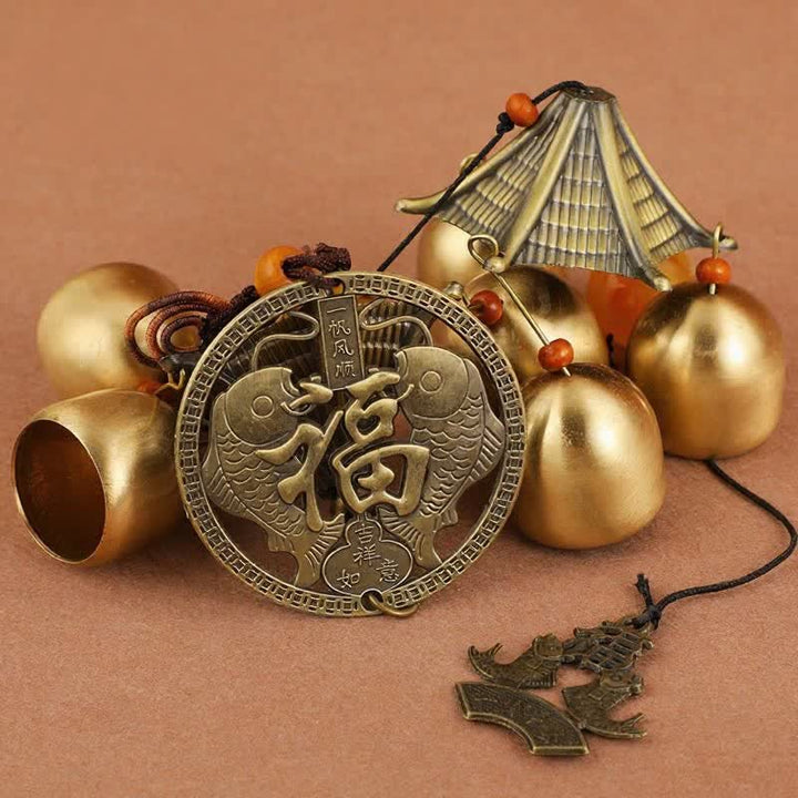 Buddha Stones Dwupoziomowe dzwonki i dzwonki z litej miedzi Pi Xiu Bagua Koi Fish Wealth - image 11