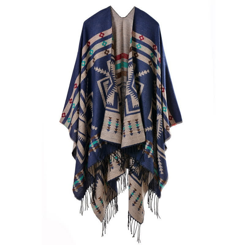 Buddha Stones Jesienno-zimowy geometryczny szal damski z frędzlami w stylu boho - Marynarka wojenna - image 15