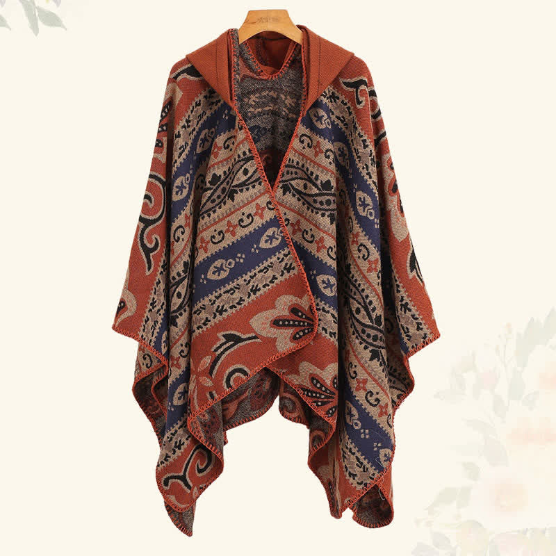 Buddha Stones Jesienno-zimowy damski szal z kapturem w geometryczny wzór paisley boho - image 1