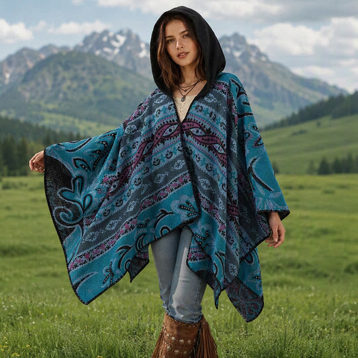 Buddha Stones Jesienno-zimowy damski szal z kapturem w geometryczny wzór paisley boho - image 12