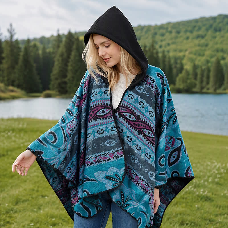 Buddha Stones Jesienno-zimowy damski szal z kapturem w geometryczny wzór paisley boho - image 13
