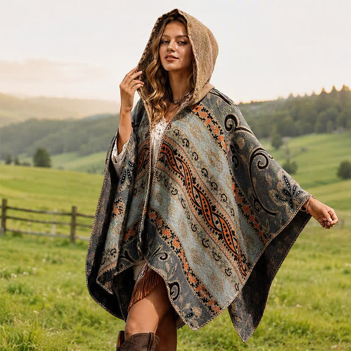 Buddha Stones Jesienno-zimowy damski szal z kapturem w geometryczny wzór paisley boho - image 16