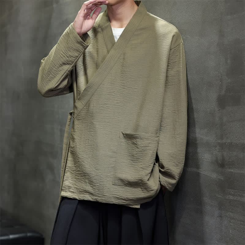 Buddha Stones Minimalistyczne, męskie kimono ze ściągaczem w stylu Spring Tang z kieszenią - Ciemny Khaki - US/UK/AU48， EU58 (4XL) - image 0