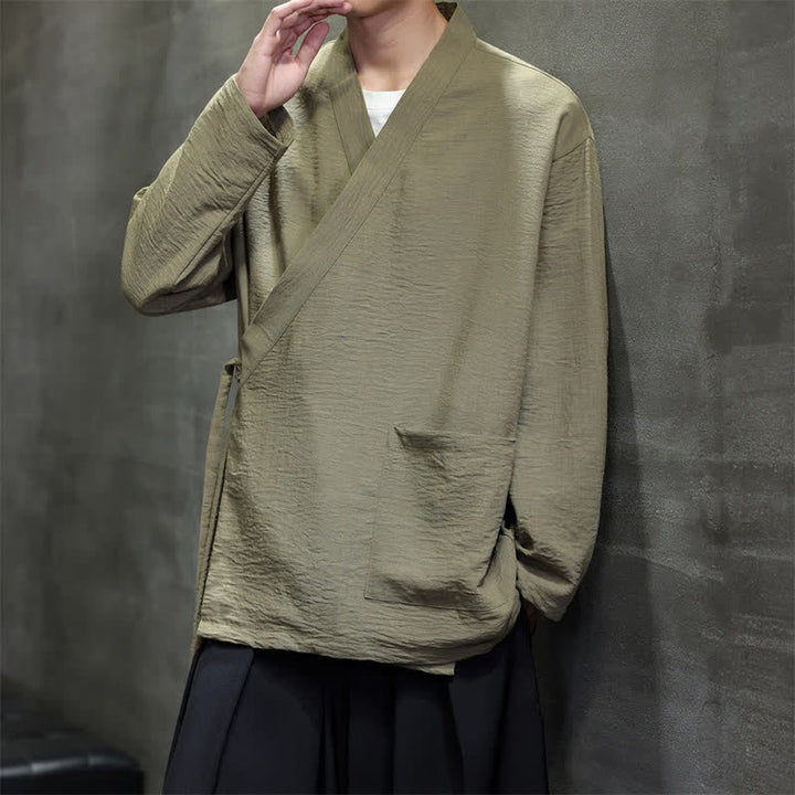 Buddha Stones Minimalistyczne, męskie kimono ze ściągaczem w stylu Spring Tang z kieszenią - Ciemny Khaki - US/UK/AU48， EU58 (4XL) - image 0