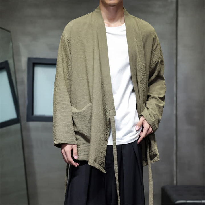 Buddha Stones Minimalistyczne, męskie kimono ze ściągaczem w stylu Spring Tang z kieszenią - image 3
