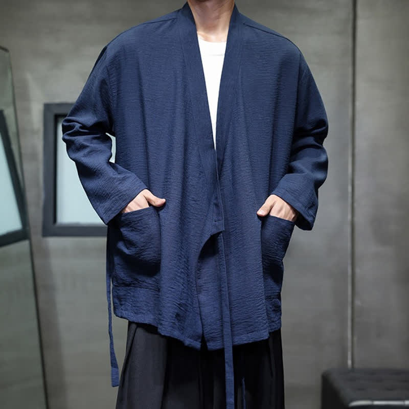 Buddha Stones Minimalistyczne, męskie kimono ze ściągaczem w stylu Spring Tang z kieszenią - image 9