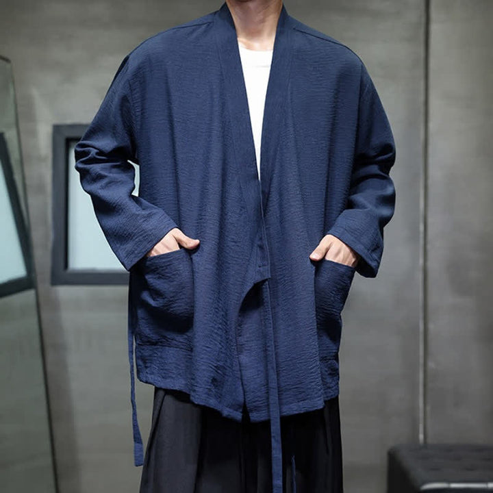 Buddha Stones Minimalistyczne, męskie kimono ze ściągaczem w stylu Spring Tang z kieszenią - image 9