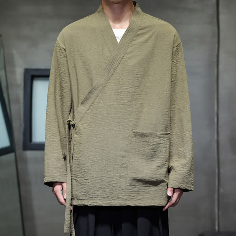 Buddha Stones Minimalistyczne, męskie kimono ze ściągaczem w stylu Spring Tang z kieszenią - image 2