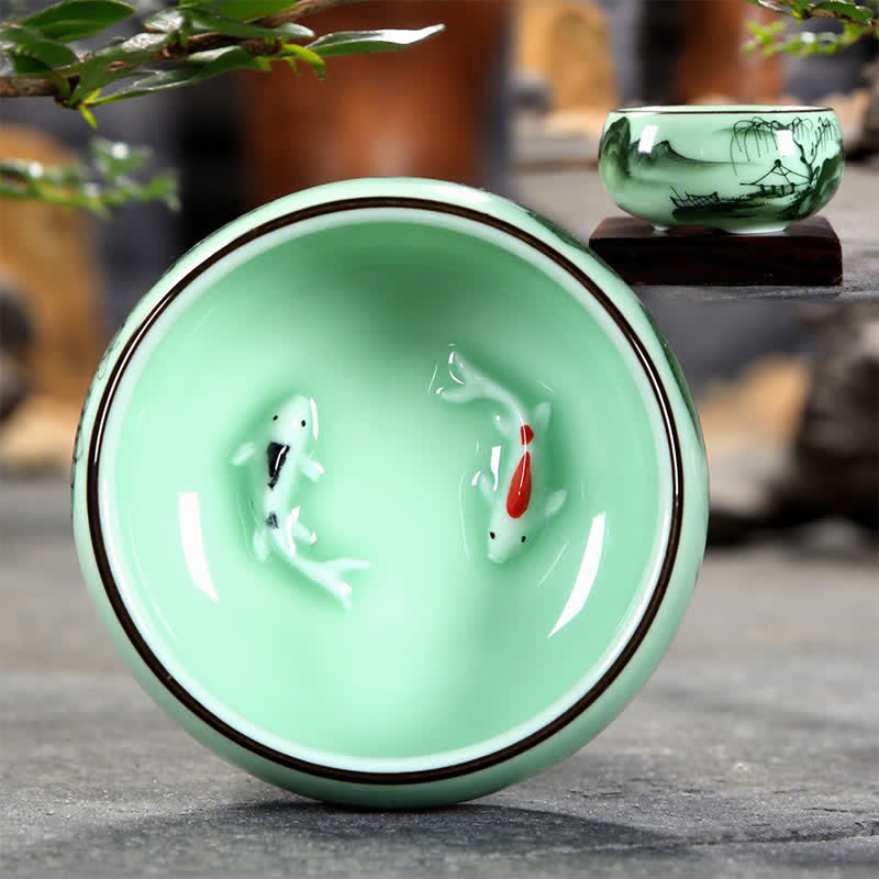 Buddha Stones Tradycyjny ceramiczny kubek do herbaty z motywem ryby koi i lotosu - image 0