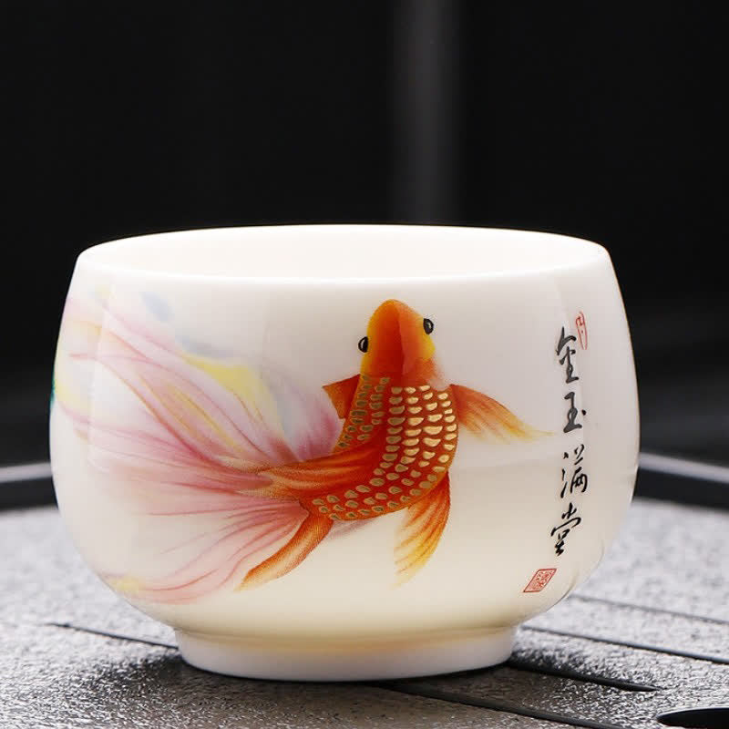 Buddha Stones Biała porcelanowa filiżanka do herbaty Koi Lotus Dragon malowana ręcznie - Ryba Koi - image 0