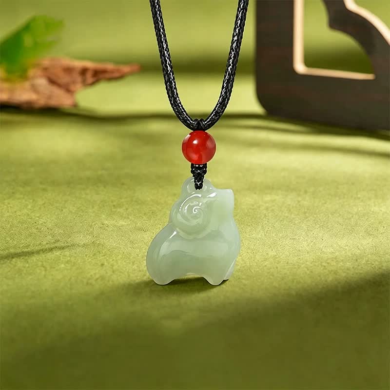 Buddha Stones Naszyjnik z plecionego sznurka z rzeźbionym rzeźbionym jadeitem Hetian 12 z chińskiego zodiaku, symbolizujący szczęście - Koza - image 0
