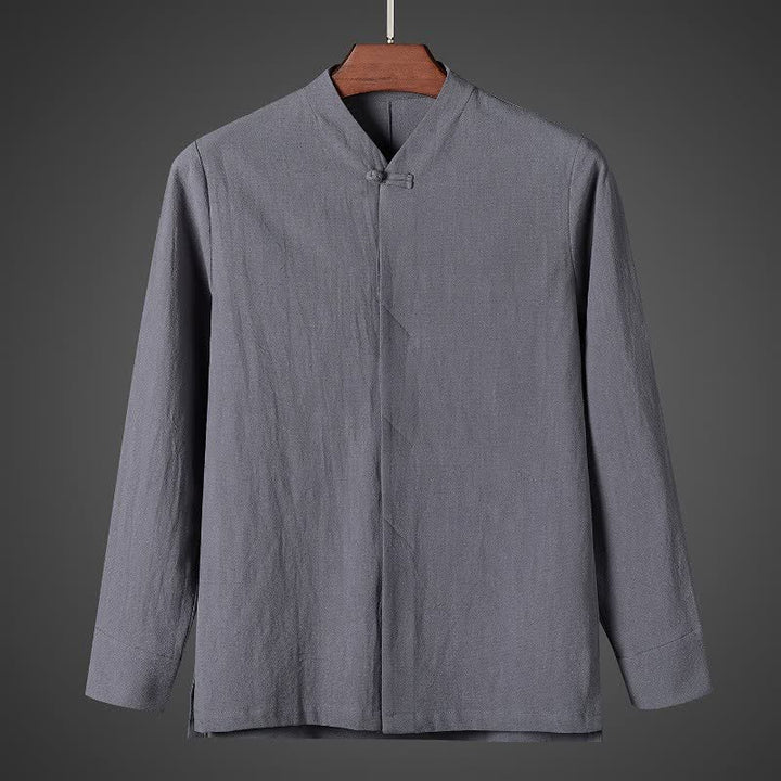 Buddha Stones Jesienne proste koszule męskie Pankou w stylu Tang z długim rękawem - Szary - US/UK/AU44, EU54 (5XL) - image 8