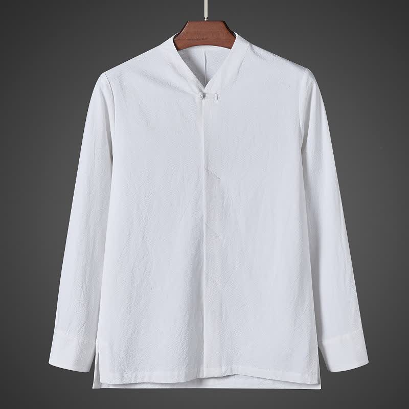 Buddha Stones Jesienne proste koszule męskie Pankou w stylu Tang z długim rękawem - Biały - US/UK/AU44, EU54 (5XL) - image 10