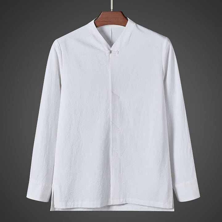 Buddha Stones Jesienne proste koszule męskie Pankou w stylu Tang z długim rękawem - Biały - US/UK/AU44, EU54 (5XL) - image 10